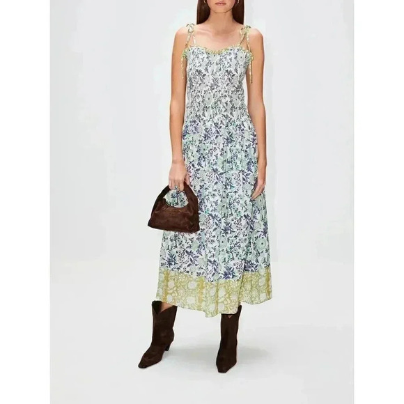 ALIX OF BOHEMIA, NWT Luna Jardin Dress Sz L, Blue White Smocked Handprinted Midi - Picture 1 of 14